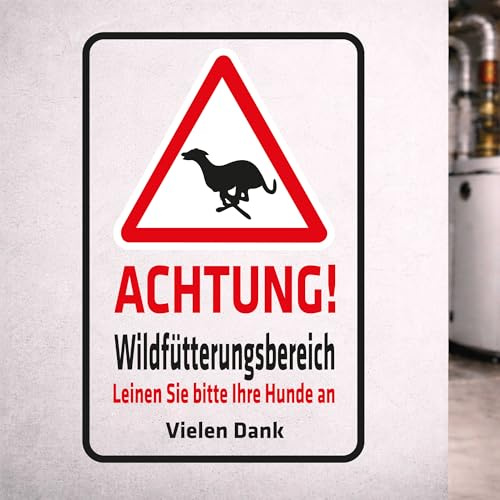 INDIGOS UG - Schild Warnung - Achtung Wildfütterungsbereich – Leinen Sie bitte Ihre Hunde an - 200x150 mm - Hinweisschild Warnschild Sicherheitsschild - Aluverbundplatte 3 mm - für Innen und Außen