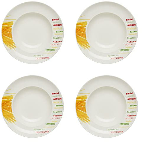 KHG 4er Set Pastateller, extra groß mit 30cm Durchmesser in Nudelsorten Print, perfekt für Gastro und Zuhause, hochwertiges Porzellan, Suppenteller, Salatteller, Spühlmaschinengeeignet