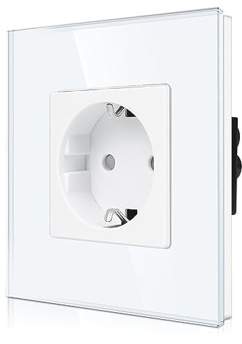 CNBINGO Glas Einzelsteckdose Unterputz in Weiß - Einfach Schuko Steckdose mit Kindersicherung - 16 Amp Schutzkontakt Wandsteckdose mit Glasrahmen