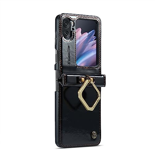 UFinetech Oppo Find N2 Flip Hülle, Stoßfest Scharnierschutz Ring Ständer Lanyard Schutzhülle Find N2 Flip Handyhülle, Leder TPU Bumper Folable Magnetische Kratzfest Handyhülle 5G, Schwarz