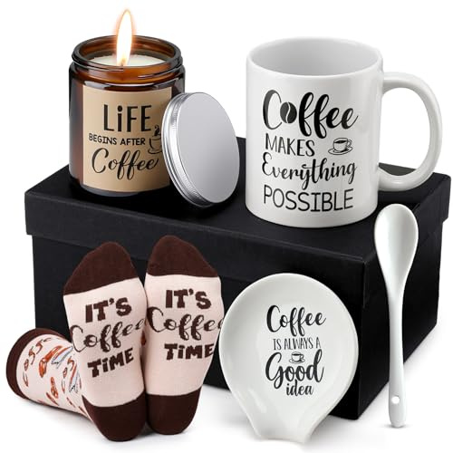 Vabean 5 Pieces Coffee Gift Basket for Women - Coffee Lover Gifts Set Includes Mug and Spoon Rest Holder, Candle and Socks, Basket Mothers Day Gift Idea for Men Women Birthday