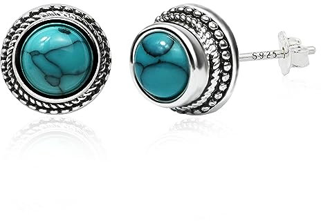 Weviway Turquoise Earrings 925 Sterling Silver Post 8mm Round Stud Earrings Gemstone Hypoallergenic Earrings for Women Turquoise Jewellery