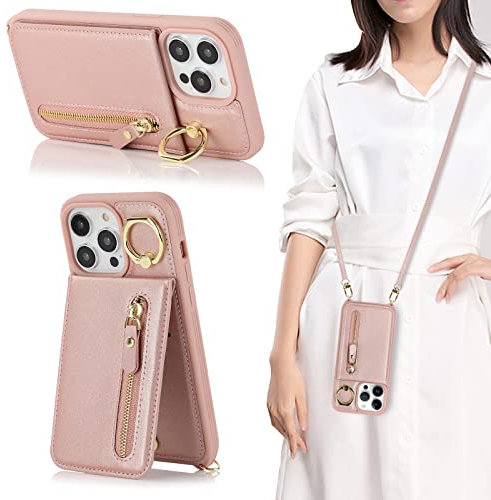 CAVOR Handykette Handyhülle iPhone 13 Pro Hülle Mit Band,Flip Leder Geldborse Handyhülle,[4 Kartenfach][Mit Ring Stander][Schnalle],Handytasche zum Umhängeband für iPhone 13 Pro - Rose Gold
