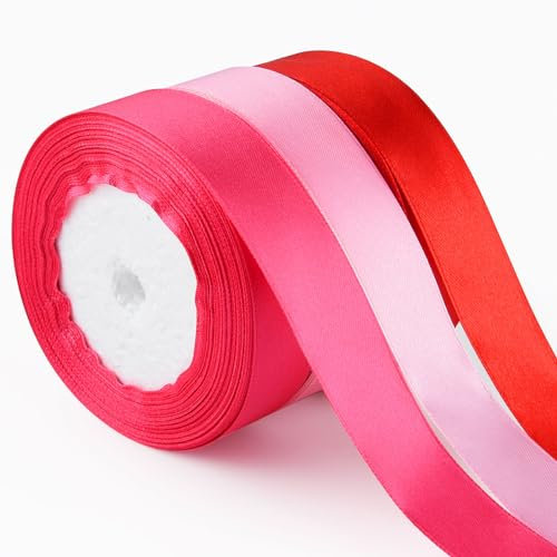 ASTARON 3 St. Geschenkband für Valentinstag Rot Rosa, 25mm Schleifenband für Geschenkverpackung Blumensträuße DIY Haar Dekoband für Valentinstag Dekorationen