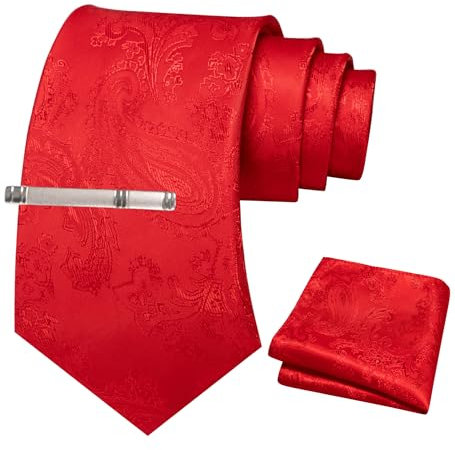 JEMYGINS Herren Paisley Krawatten set mit Krawattenklammer und Einstecktuch,Rot