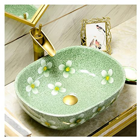 GLigeT Waschbecken 18,9 x 15,3 Badezimmer-Waschbecken aus Keramik, ovales Kunst-Aufsatzwaschbecken mit Blumenmuster (nur 1 Waschbecken) Fürs Badezimmer (Color : B)