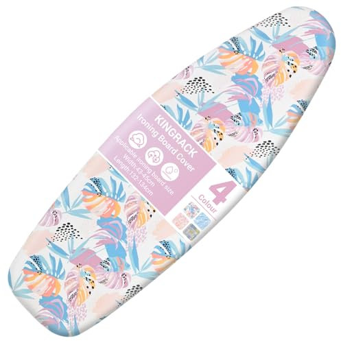 KINGRACK Funda para Tabla de Planchar con Acolchado Extra Grueso de 7 mm, 100% algodón, fácil de Ajustar, para Proteger la Tabla de Planchar, tamaño hasta 134 x 45 cm, Hojas Azules