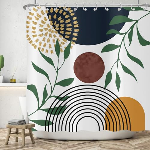 ASDCXZ Boho Duschvorhang 180x200 cm, Modern Abstrakt Kunst Boho Style Braun Sonne Grün Blätter Weiß Bad Waschbar Duschvorhänge Polyester Textil Wasserdicht Badevorhang für Badewanne mit 12 Haken