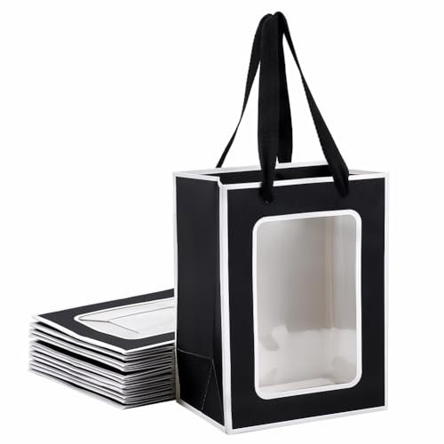 NBEADS 12 Pcs Sacs Cadeaux en Papier Kraft avec Fenêtre Transparente, 20x15x10.3cm Sacs Fourre-Tout en Papier avec Poignées Boîte de Cadeau en Papier Kraft pour Mariages Fêtes, Noir Blanc