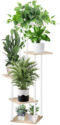 SMFANLIN Plant Stand Indoor, Metal Tall Plant Shelf Pot Holder with Wheels, Movable Corner Flower Stand for Multiple Plants Patio Garden Living Room Balcony Bedroom (5 Tier, White)