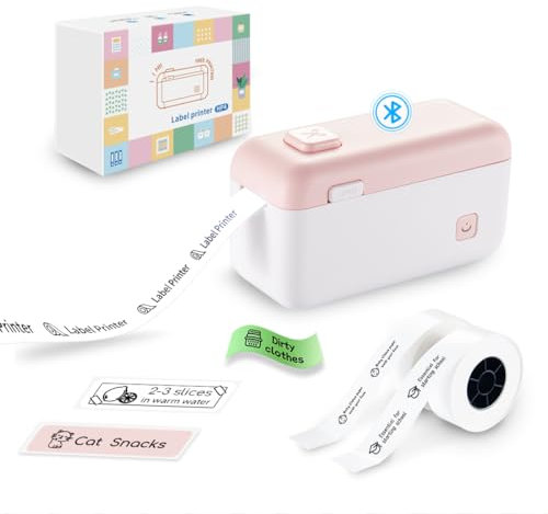 vretti Etikettendrucker, tragbarer Selbstklebendes Etikettiergerät, Bluetooth beschriftungsgerät Labeldrucker für Zuhause, Schule und Büro, Mini Label Printer mit Android und iOS (3 Papierrollen)