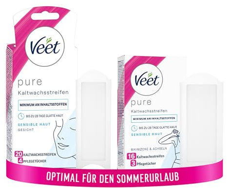 Haarentfernungsset mit Veet Pure Kaltwachsstreifen für das Gesicht + Veet Pure Kaltwachsstreifen für Bikinizone & Achseln – Mit einem Minimum an Inhaltsstoffen für langanhaltend glatte Haut