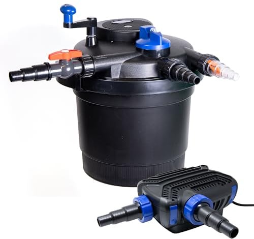 VIALIA Teich Filteranlage Set 14, Druckfilter CPF-5000 mit UVC Klärer für Teiche bis 8.000 Liter, 9.000L/h Durchfluss, energiesparende Pumpe CTF-B 2800 inkl. 10m Schlauch