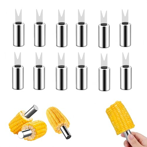 Stainless Steel Corn Forks, Sweetcorn Holders, Cob Holders,Skewers Fruit Food, Forks Prong for Outdoor BBQ Cooking Kitchen Tool (Silver) Camping Tool,Parties, Picnics,12 Pcs Loopunk