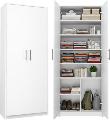 Home Collective Schrank Mehrzweckschrank weiß 74cm Breite 180cm Höhe mit sechs Einlegeböden und Extra-Fach, Aktenschrank Haushaltsschrank Organizer aus MDF Holz