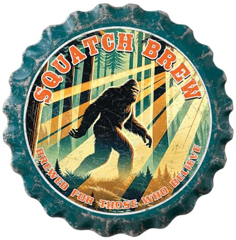 Desperate Enterprises Squatch Brew Bottle Cap Sign - Garage Signs - Beer Signs - Vintage Metal Signs - Made in the USA - 18 Round