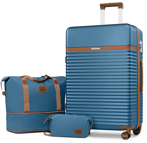 Joyway Kofferset 3 Teilig von ABS Hartschalen Trolley Kofferset mit 4 Rollen und TSA Schloss Der Handgepäck Sets Enthält 1 Reisetasche und 1 Kulturbeutel Blau