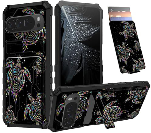 AIRWEE for Google Pixel 9 Pro XL Case, Pixel 9 Pro XL Wallet Case with Card Holder & Built-in Stand, TPU+PC Hybrid Rugged Shockproof Protective Phone Case for Google Pixel 9 Pro XL, Space Turtle