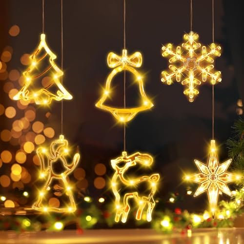 DAZZTIME Lampada a Ventosa per Natale,6 Pezzi Luci di Natale a Led Luce a Sospensione,Luci Sospese con Ventosa,Lampada A Ventosa per Finestra di Natale,Luce Decorativa per Finestra Natalizia