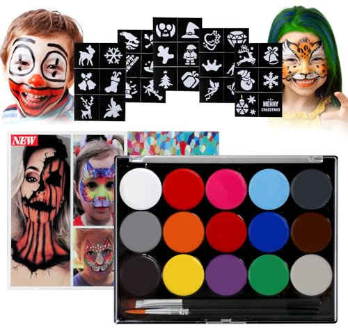 Palette de Maquillage Enfants Kit - Peinture Faciale 15 Couleurs Palette de Maquillage pour Enfants et Adultes pour Halloween, Carnaval, Fête d'anniversaire, Spectacle de Scène, Noël (C)