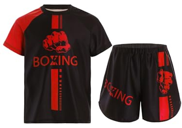 Nyeemya Completo Pugilato Bambini Ragazzi Maglietta Tecnica Sportiva Manica Corta e Muay Thai Shorts Pantaloncini da Boxe per Arti Marziali MMA Allenamento Rosso 13-14 anni