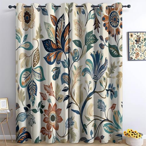 Vorhänge Blickdichte mit Ösen Gardinen 2er Set Retro-Pflanzen Und Blumen Verdunkelungsvorhang Bunt Thermovorhang Ösenvorhang Schiebevorhänge für Schlafzimmer Wohnzimmer B 140 x H 200 cm