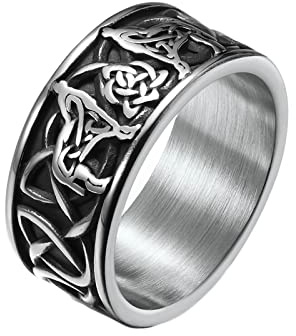 Grewod Ringe Männer, 10MM Edelstahl Silber Keltischer Wolf Schmuck Trauringe Schlicht Größe 67 (21.3)