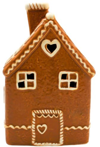 Dekohelden24 Windlichthaus/Lichthaus/Keramik Häuschen/Lebkuchenhaus aus Keramik in braun, Größe L/B/H ca. 10 x 8 x 16 cm.