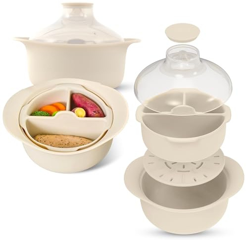 FIRGI Olla de vapor de silicona platino de 48 onzas con 3 compartimentos para microondas con asa y tapa, cuenco coreano 100% de grado alimenticio, cocina resistente al calor con agujeros de vapor