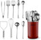 Stainless Steel Kitchen Utensils Set - 10 Piece Premium Nonstick & Heat Resistant Cooking Utensil Set with Turner, Spaghetti Server, Ladle, Serving Spoons, Whisk, Tongs, Potato Masher (Red)