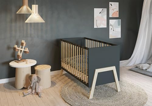 FabiMax Lunara Babybett, 3-Fach höhenverstellbar, Umbaubar zum Kinderbett (ohne Matratze, Anthrazit/Natur, 120x60 cm)