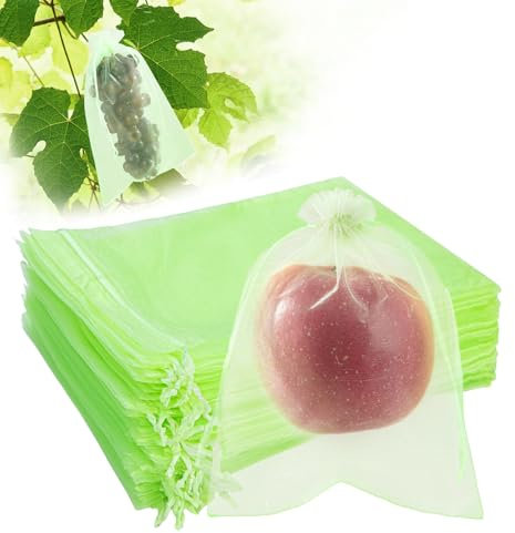 SmileLucky 50PCS Fruit Protection Bags with Drawstring, 20x30cm Green Organza Produce Bags for Fruit Trees, Mesh Netting for Garden Protection