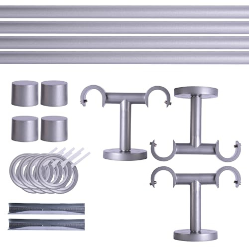 Victoria M. Gardinenstange Set mit Kappenknäufen mit Deckenhalter und Flachring, Vorhangstange Ø 19 mm Länge 320cm, 2-Läufig, Silber