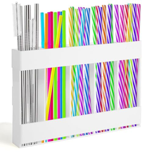 Acryl Strohhalm Halterung mit doppelseitigem Klebeband, wiederverwendbarer Strohhalm HalterWiederverwendbarer für Schranktüren,Arbeitsplatte Küche,Trinkhalm Organizer für Plastik Papierstrohhalme,Weiß