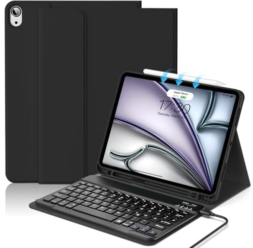 JKSML Hülle mit Tastatur für iPad 9./8./ 7. Generation, Abnehmbarer Kabellose QWERTZ Tastatur Hülle mit Stifthalter für iPad 10,2 Zoll (2021/2020/2019), Schwarz