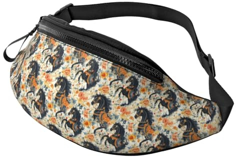 Gürteltasche für Damen und Herren, Vintage-Blumen-Design, schwarzes Pferd, Gürteltasche für Reisen, Wandern, Laufen