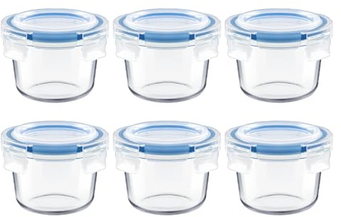 HillSpring Set aus 6 Kleinen Glasaufbewahrungsbehältern, 200 ml Lebensmittelbehälter mit Auslaufsicheren Deckeln, Dicke Glasbehälter für Meal Prep, Reste und Saucen, Spülmaschinen