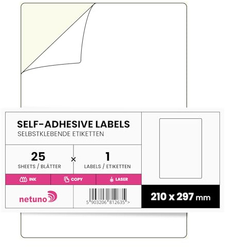 Netuno 25 Blatt DIN A4 Aufkleber Selbstklebend 29,7 x 21 cm (1 Stück pro Blatt) universelle Etiketten Matt groß für Laser Inkjet Beschriftung Druckeretiketten A4 Klebeetiketten Sticker Papier