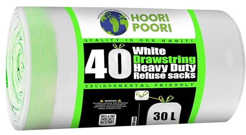 HooriPoori 30L litre 40 Drawstring Bin Bags Heavy Duty Swing Bin Liners Black Plastic Refuse Sacks tie top handle large Waste Dustbin Bags for Kitchen Home Office DIY Garden From Recycled Material