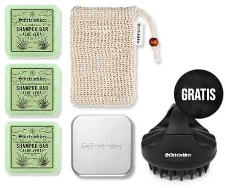 Störtebekker® Premium Duschset - Festes Shampoo Aloe Vera (x3), Sisalsäckchen, Seifendose Aluminium + GRATIS Scalp Brush - Shampoo Set für Haare & Kopfhaut - Handgefertigt