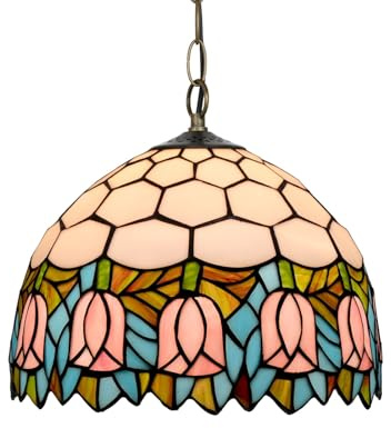 KXEcoLife Lampadario a Sospensione in Stile Tiffany, 30 cm, con Vetro colorato e Tulipani Rosa, Decorazione Vintage, Ideale per Isola Cucina, Sala da Pranzo, Soggiorno, Camera da Letto e Cor