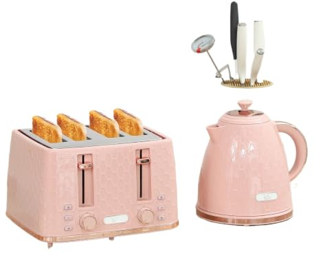 Kettle and Toaster Set, 4-Slice Toaster with Electric Kettle, Pink, Plastic, Honeycomb Design