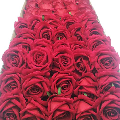 CN-Knight Lot de 50pcs Roses Artificielles en Velours et Soie avec Tige en Fil de Fer 25,4cm pour Bouquet de Mariage,Décoration D'intérieur,Décoration Murale(Rouge)