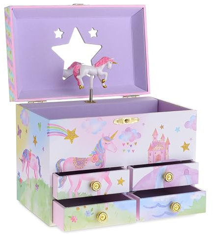 Jewelkeeper Einhorn Schmuckaufbewahrung - Musikalisches Schmuckkästchen für Kinder mit 4 Ausziehschubladen - Melodie Wunderschöner Träumer - Holz - 19,1 x 12,1 x 15 cm - Rosa