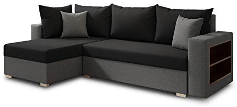Ecksofa Lord mit praktischen Regal - Sofa mit Bettkasten und Schlaffunktion, Schlafsofa, Polsterecke, Couch L-Form, Couchgarnitur, Sofagarnitur (Grau + Schwarz (Alova 10 + 04), Ecksofa Links)