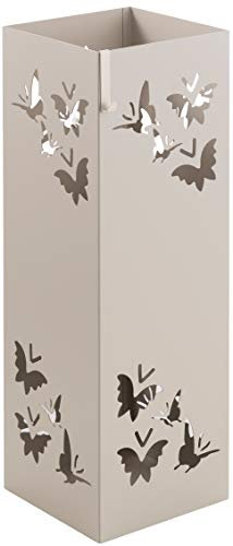 Baroni Home Paragüero Cuadrado de Metal con Incrustación Rectangular de Mariposas, Paragüeros con Gancho y Bandeja Recogegotas Extraíble, 15,5x15,5x49 cm, Tórtola