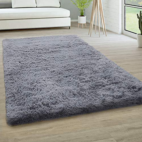 Paco Home Hochflor Teppich Wohnzimmer rutschfest Fellteppich Shaggy Flauschig Weich Modern Kunstfell Fell Imitat Einfarbig, Grösse:80x150 cm, Farbe:Grau