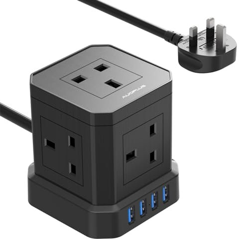 Cube Extension Lead with USB Slots, AUOPLUS 5 Way Power Strip with 4 USB Ports(5V/3.1A), 3250W/13A Black Multi Plug Power Extension Socket,1.5M Extension Cable Cords for Desk Home Office Travel