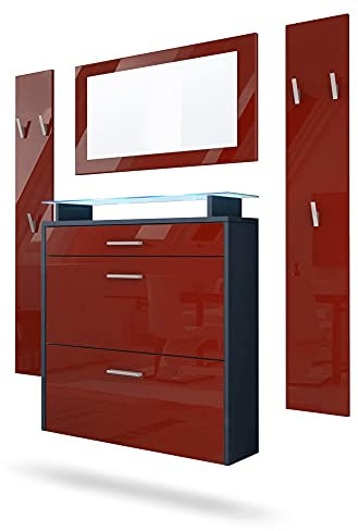 Vladon Garderobe Malea, Garderobenset bestehend aus 1 Hängeschuhschrank, 1 Wandspiegel und 2 Garderobenpaneele, Anthrazit matt/Bordeaux Hochglanz, inkl. LED-Beleuchtung blau