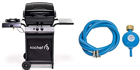 sochef Pipepito Barbecue a Gas, Nero & Campingaz Kit, Tubo, Fascette per Bombole Attacco Italia Regolatore di Pressione del Gas Accessorio per Barbecue/Grill, 1 Liter, Colore 23, Unica